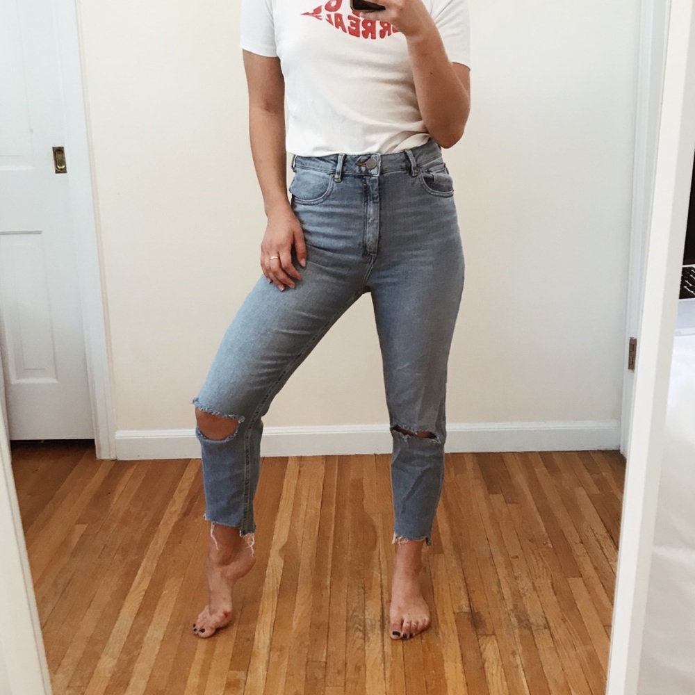 ASOS High-Waisted Light Wash Denim Jeans with Rips